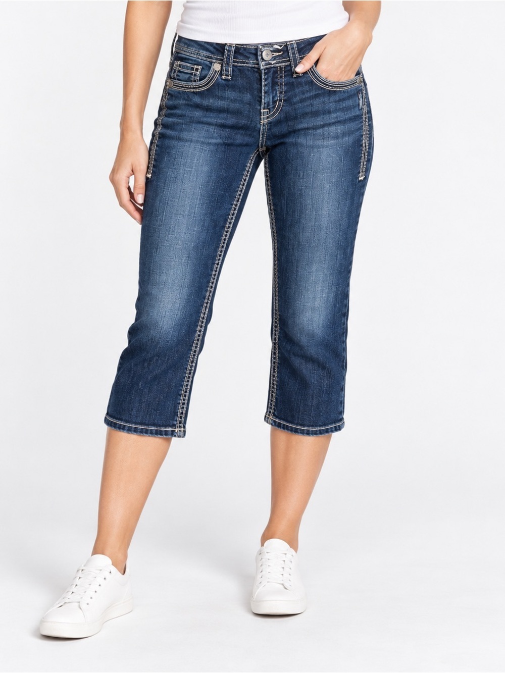 Silver Jeans Aiko Capri Womens 26 Dark Wash Mid Rise Stretch Thick Stitch
